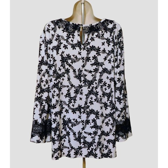 Karl Lagerfeld Shirt XL Black White Floral 3/4 Sleeves Lace Trim Polyester Blend - Picture 6 of 8